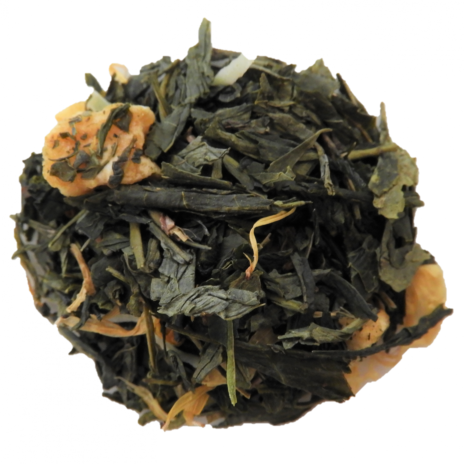 Green tea with fruity pieces on white background.